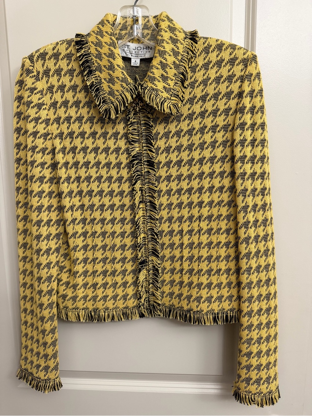St. John Yellow and Black Houndstooth Fringe Blazer